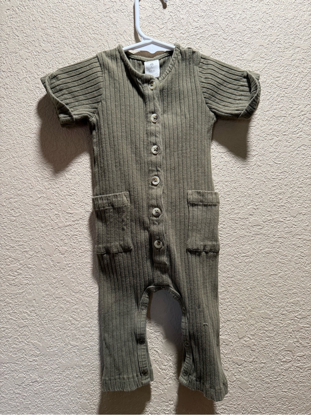 Kate Quinn Olive Ribbed Button-Front Infant Romper